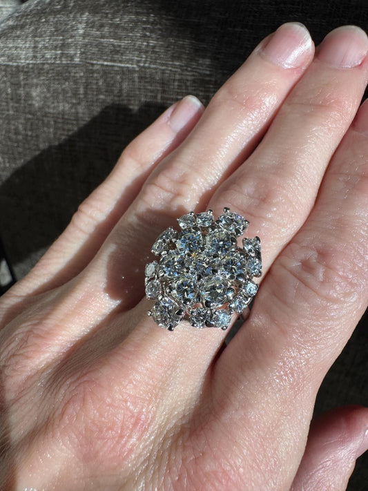 Vintage 14k White Gold 7 Carat Natural Diamond Cluster Ring