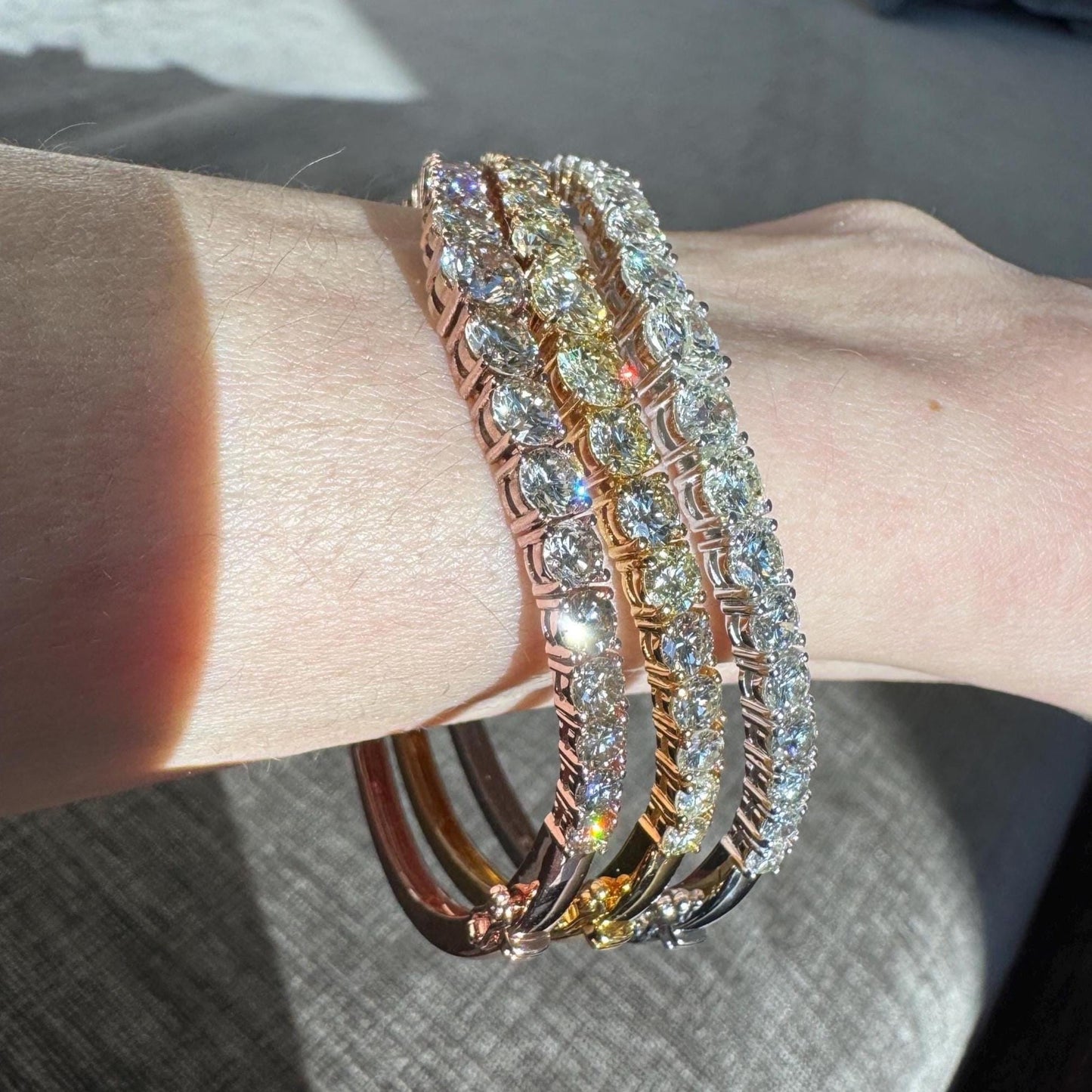 18K Gold Natural Diamond Bangle Bracelet Set, White Yellow Rose Gold