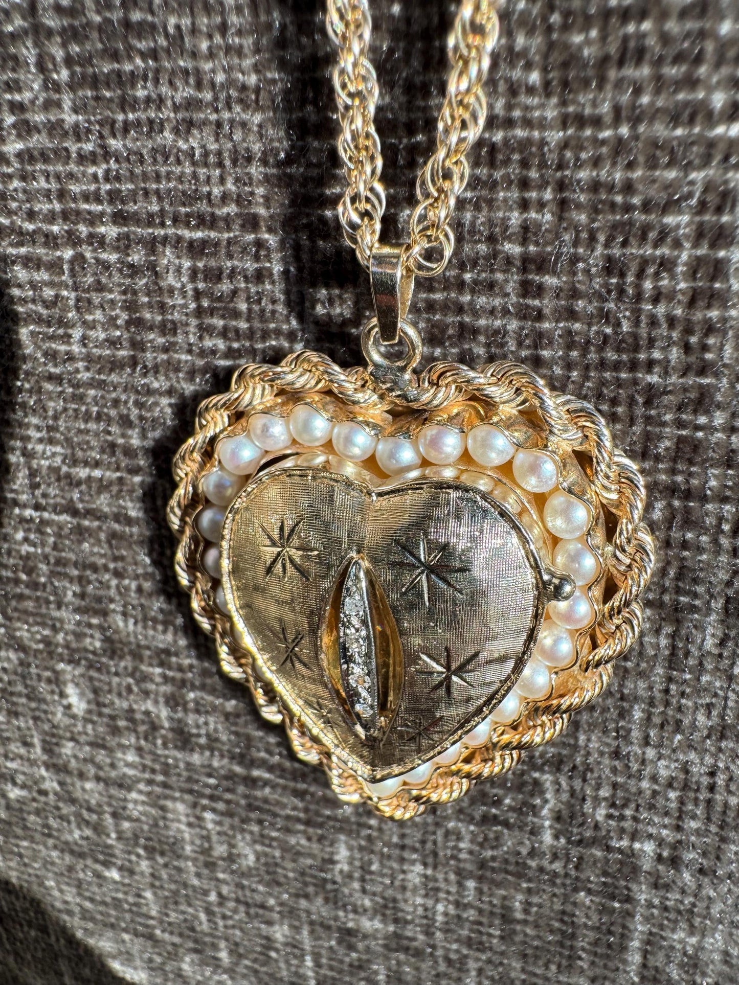 Vintage 14K Gold Heart Locket Necklace | Diamond & Pearl Pendant