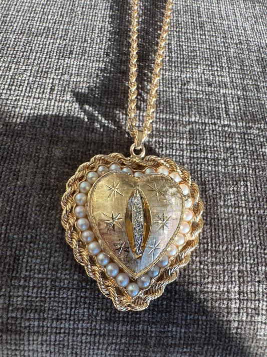 Vintage 14K Gold Heart Locket Necklace | Diamond & Pearl Pendant
