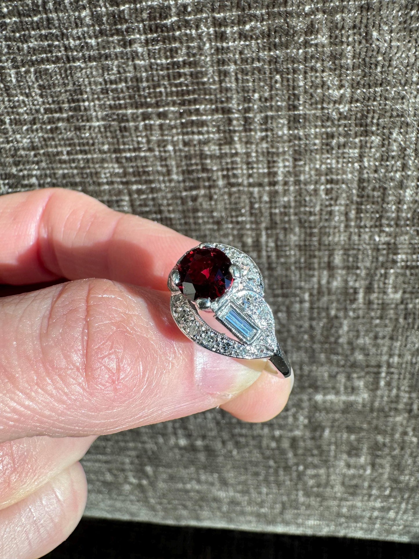 Art Deco Style Platinum Natural Deep Red Spinel & Diamond Ring