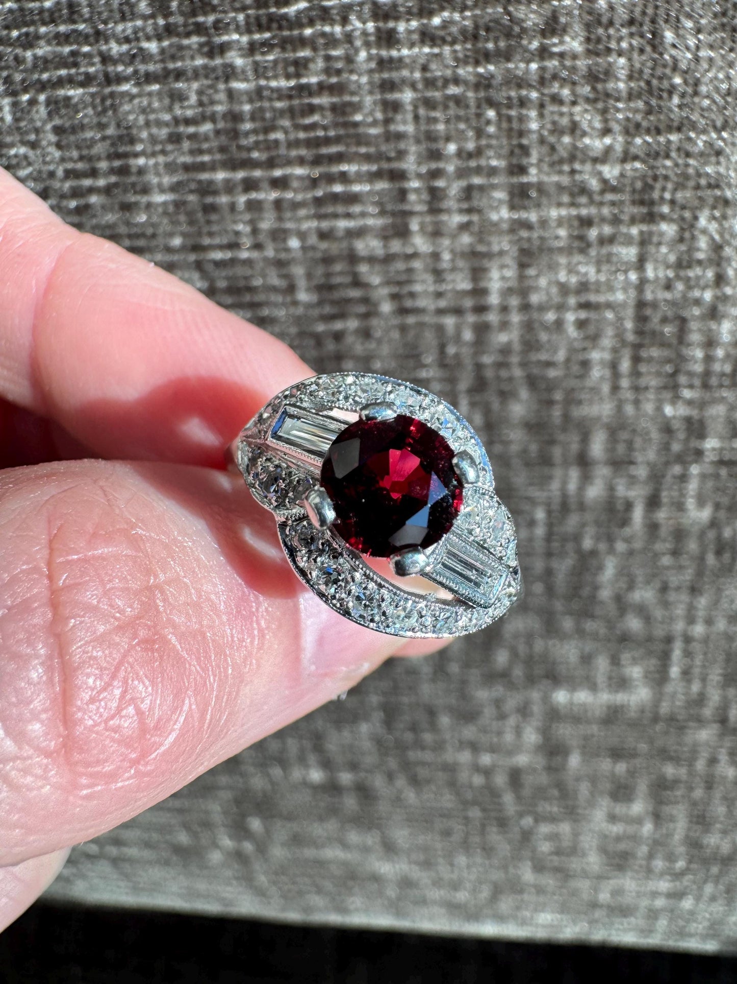 Art Deco Style Platinum Natural Deep Red Spinel & Diamond Ring