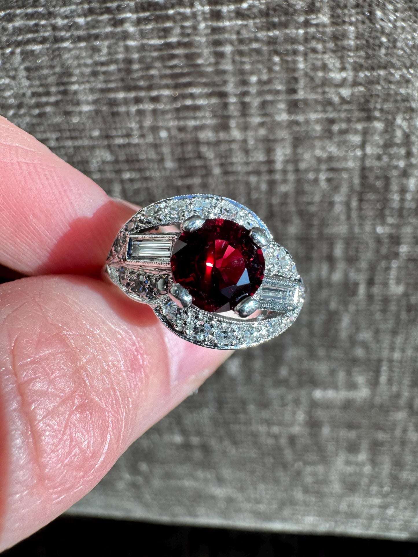 Art Deco Style Platinum Natural Deep Red Spinel & Diamond Ring