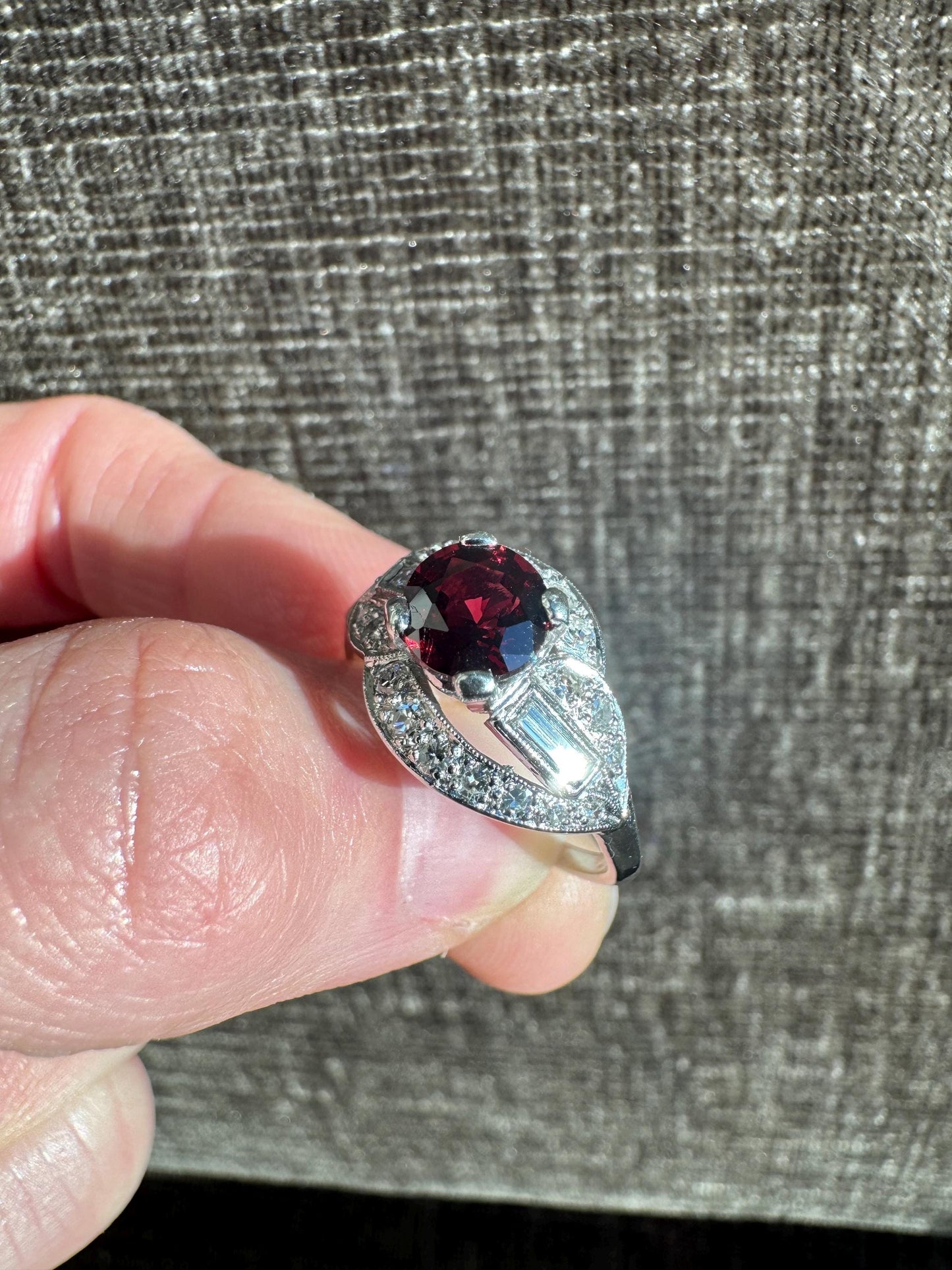 Art Deco Style Platinum Natural Deep Red Spinel & Diamond Ring