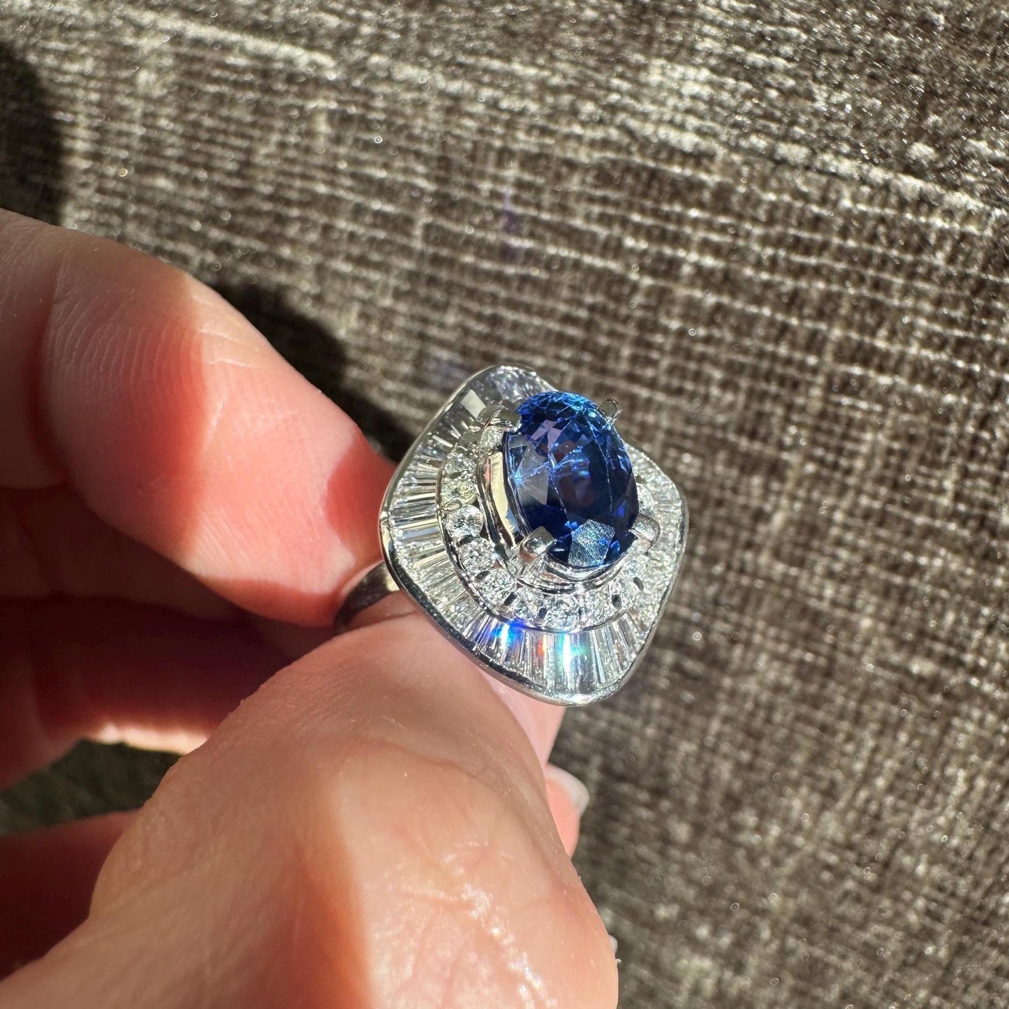 Estate GIA Certified Natural Blue Ceylon Sapphire & Diamond Ballarina Platinum Ring