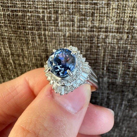 Estate GIA Certified Natural Untreated Sri Lanka Cornflower Sapphire & Diamond Ballarina Platinum Ring