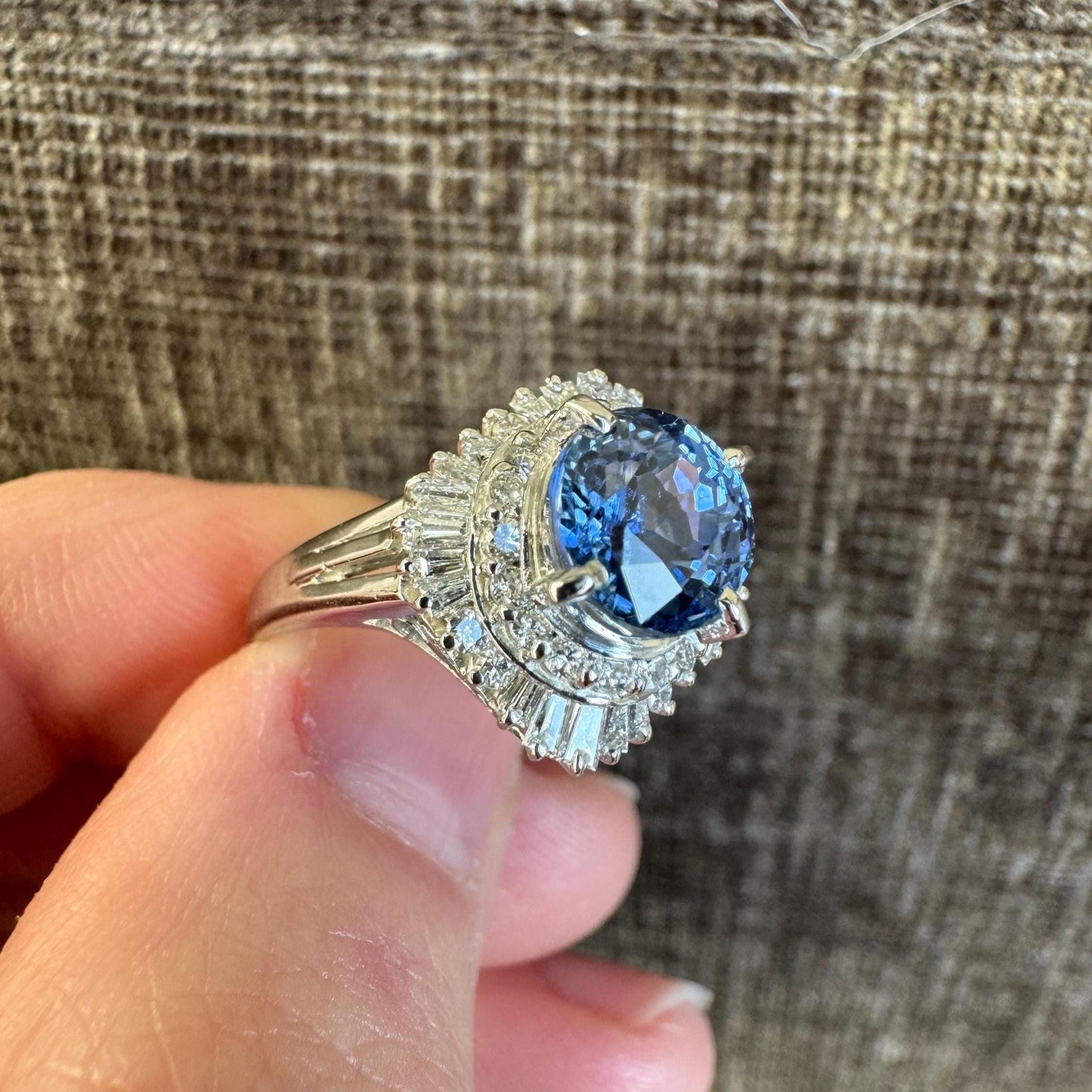 Estate GIA Certified Natural Untreated Sri Lanka Cornflower Sapphire & Diamond Ballarina Platinum Ring