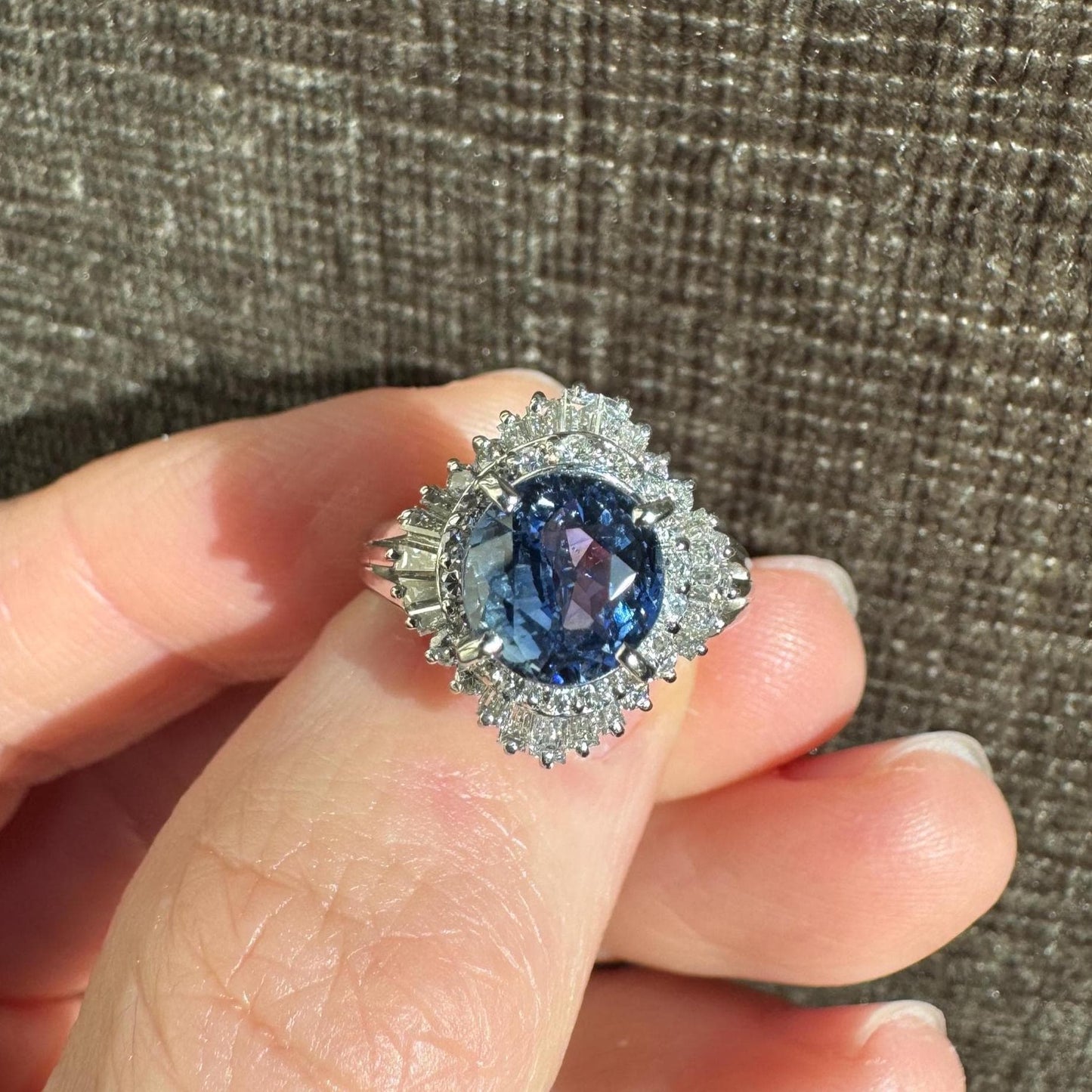 Estate GIA Certified Natural Untreated Sri Lanka Cornflower Sapphire & Diamond Ballarina Platinum Ring
