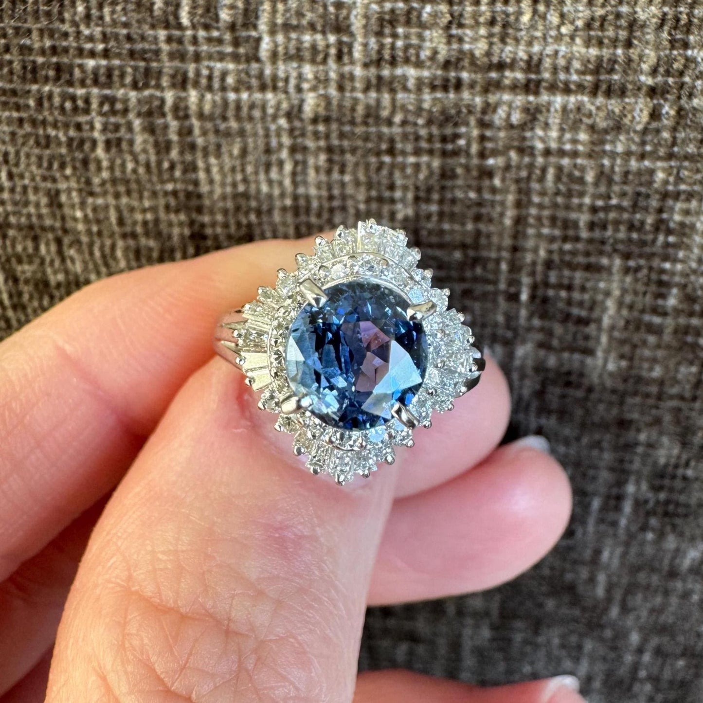 Estate GIA Certified Natural Untreated Sri Lanka Cornflower Sapphire & Diamond Ballarina Platinum Ring