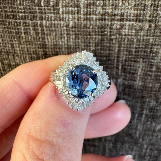 Estate GIA Certified Natural Untreated Sri Lanka Cornflower Sapphire & Diamond Ballarina Platinum Ring