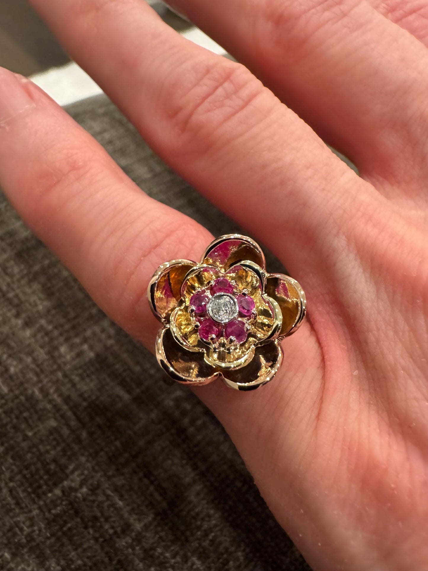 Vintage 14K Gold Ruby & Diamond Floral Ring