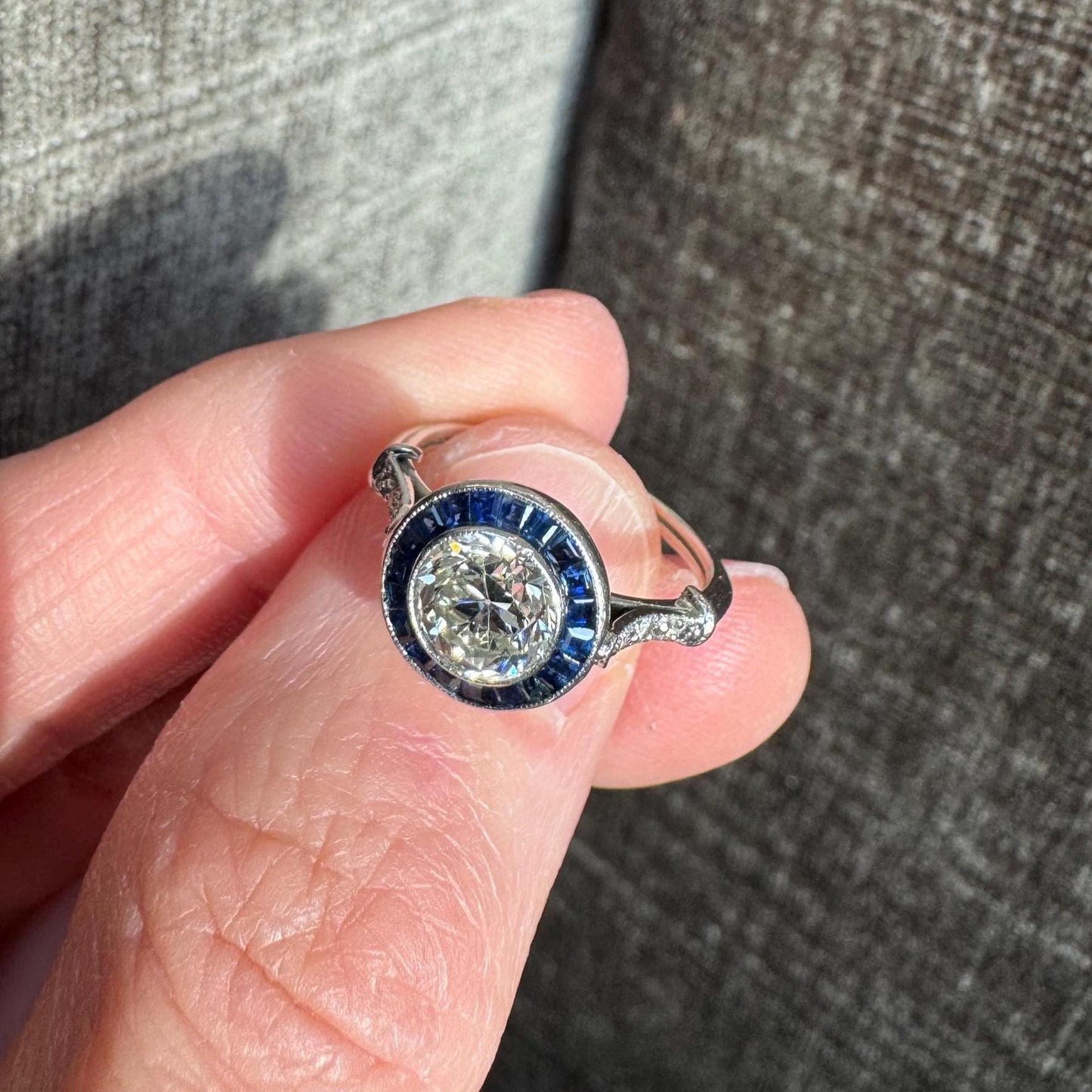 Art Deco Diamond Ring | 1.10ct Old Mine Cut, Sapphire Halo, Platinum, 1920s