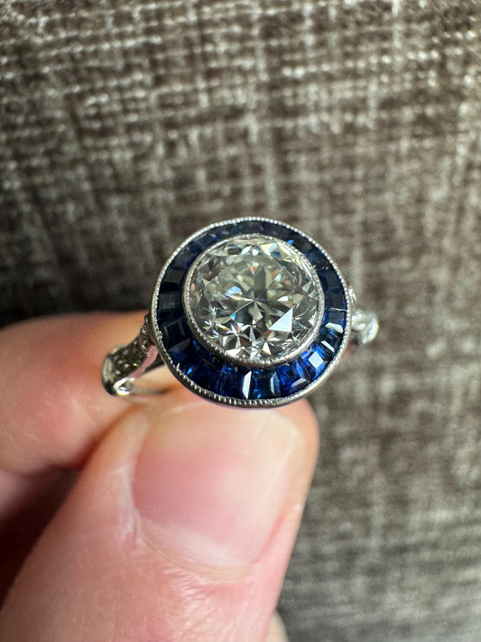 Art Deco Diamond Ring | 1.10ct Old Mine Cut, Sapphire Halo, Platinum, 1920s