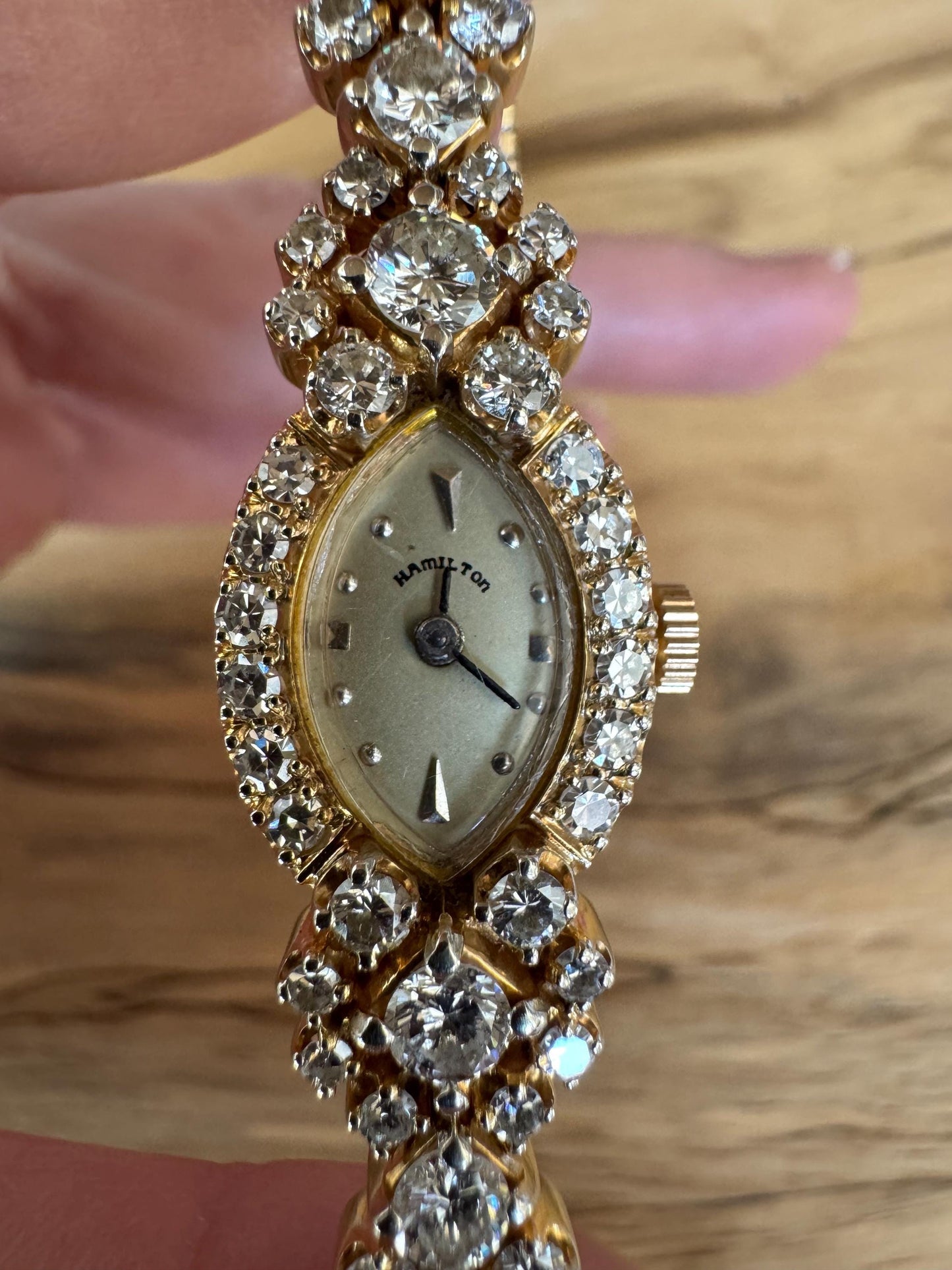 Vintage Hamilton 14k Solid Gold Diamond Bracelet Watch, 3.00 ctw, Art Deco