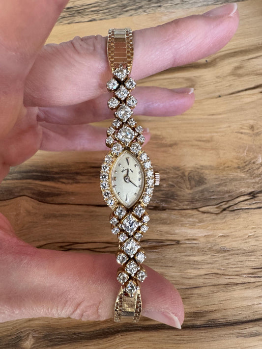 Vintage Hamilton 14k Solid Gold Diamond Bracelet Watch, 3.00 ctw, Art Deco