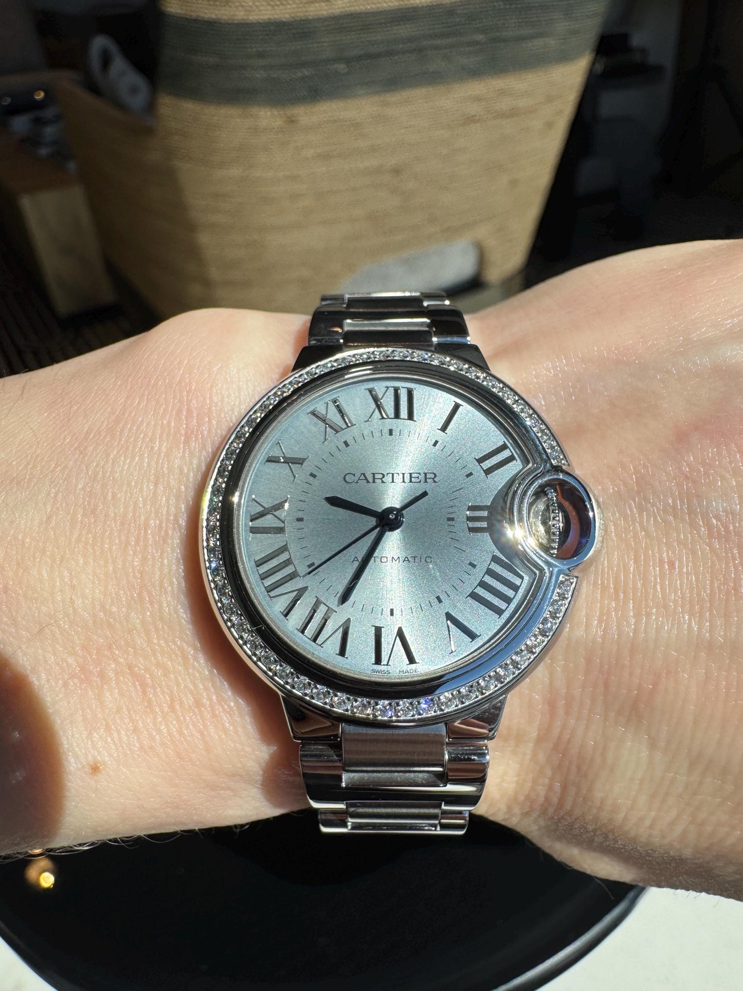 Cartier Ballon Bleu Diamond Bezel Watch | Silver Sunburst Dial, Stainless Steel