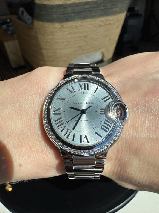 Cartier Ballon Bleu Diamond Bezel Watch | Silver Sunburst Dial, Stainless Steel
