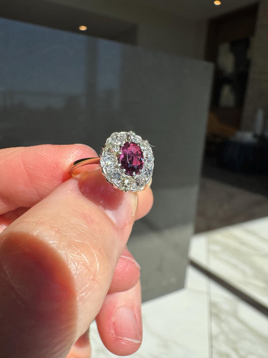 Antique Ruby Halo Ring | Old Mine Cut Diamond Cluster | 14K Yellow Gold