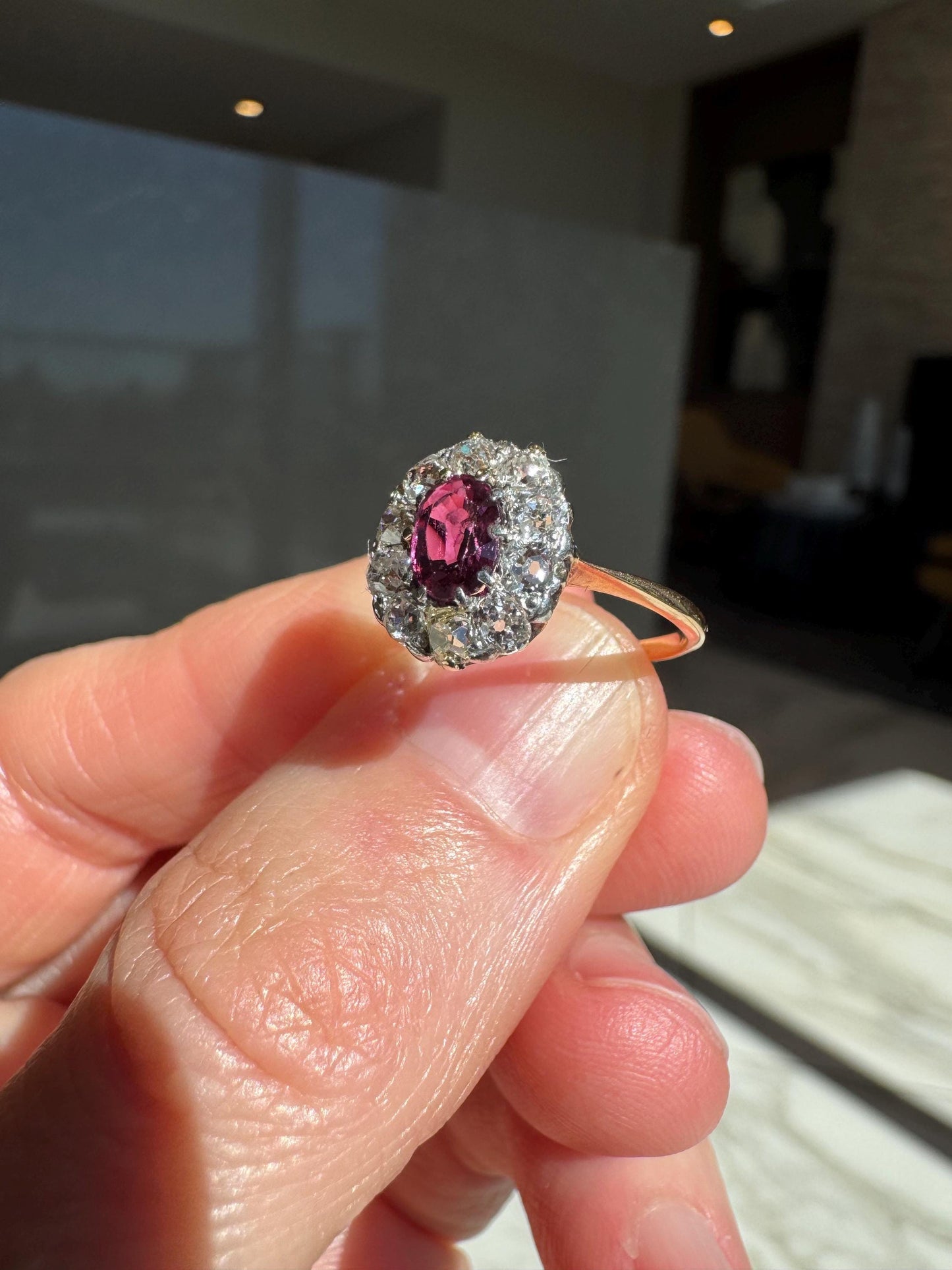 Antique Ruby Halo Ring | Old Mine Cut Diamond Cluster | 14K Yellow Gold