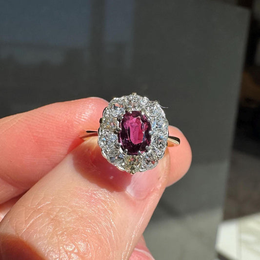 Antique Ruby Halo Ring | Old Mine Cut Diamond Cluster | 14K Yellow Gold