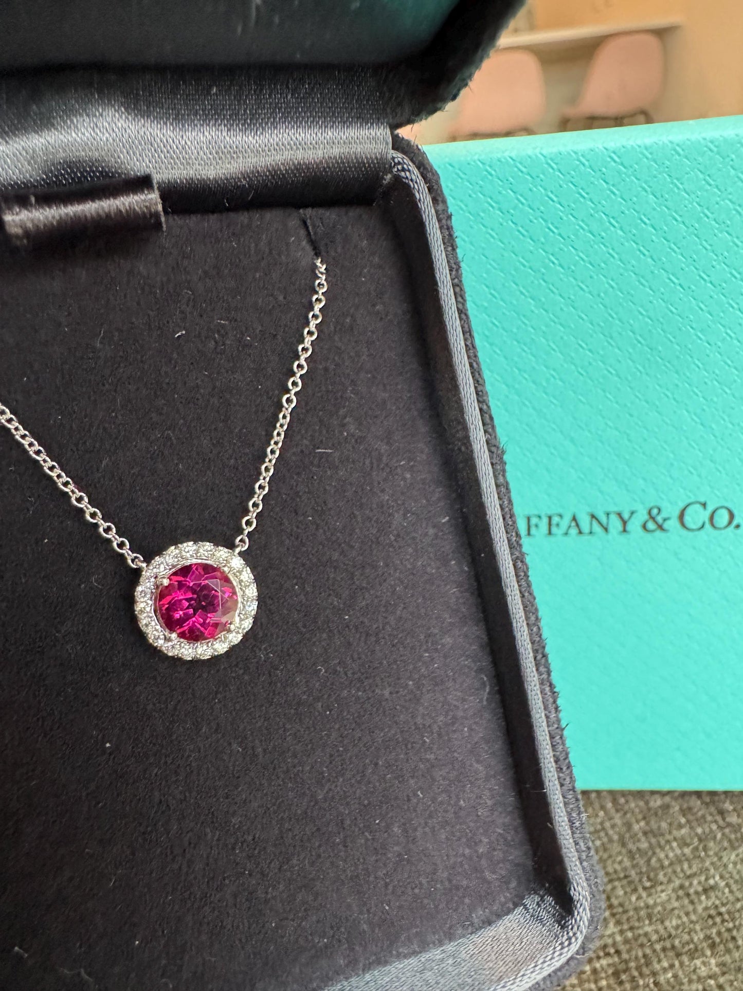 Authentic Retired Tiffany & Co. Soleste Rubellte and Diamond Platinum Pendant