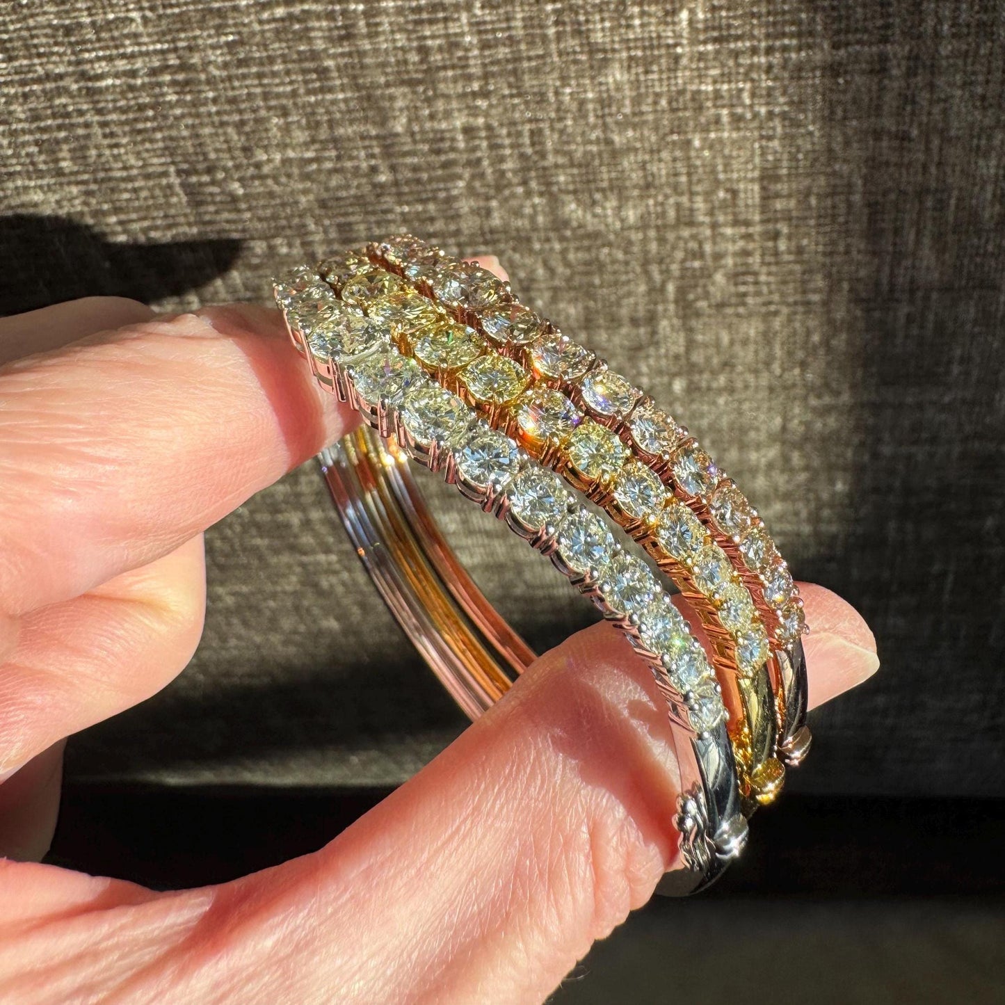 18K Gold Natural Diamond Bangle Bracelet Set, White Yellow Rose Gold