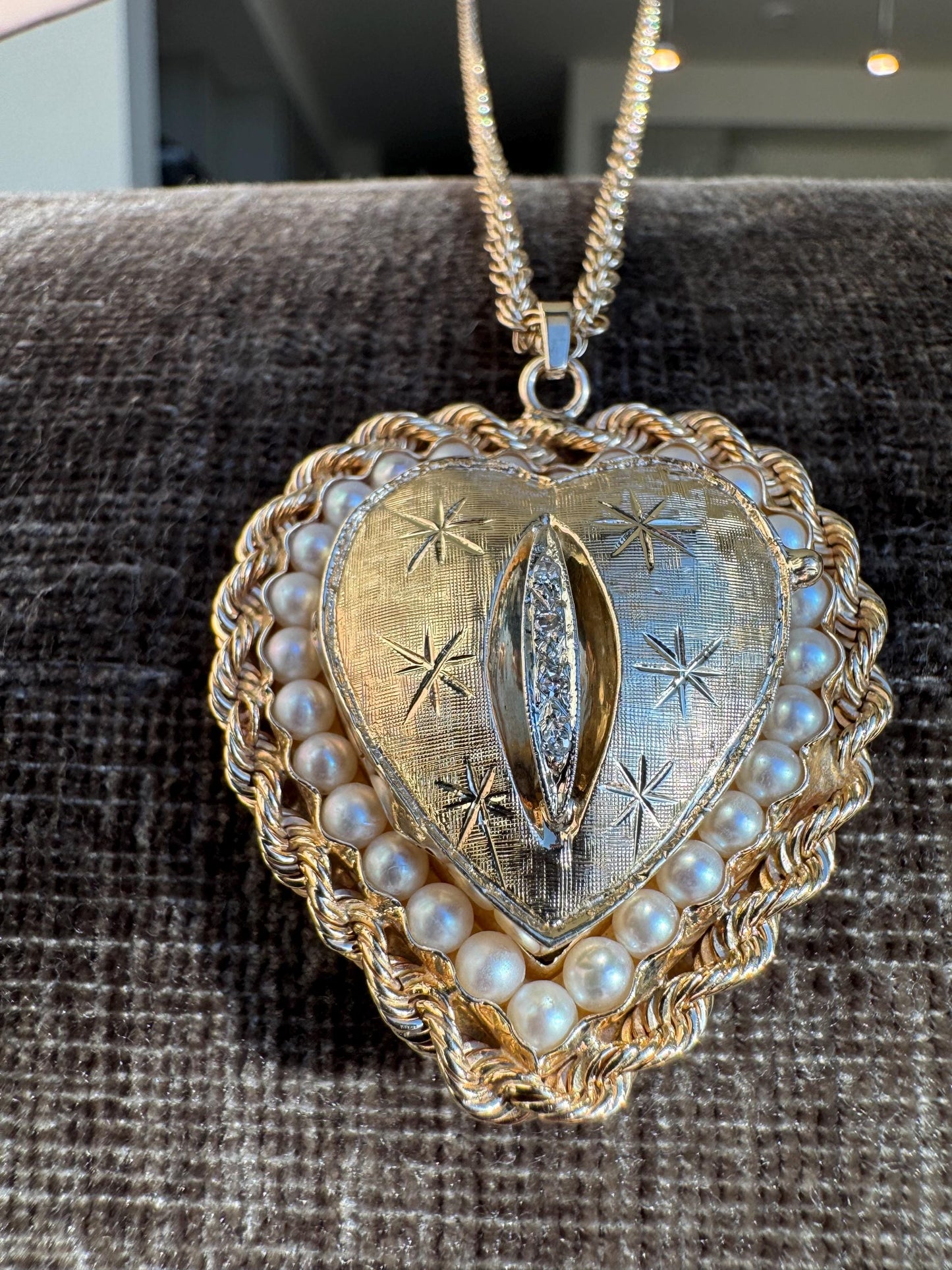Vintage 14K Gold Heart Locket Necklace | Diamond & Pearl Pendant