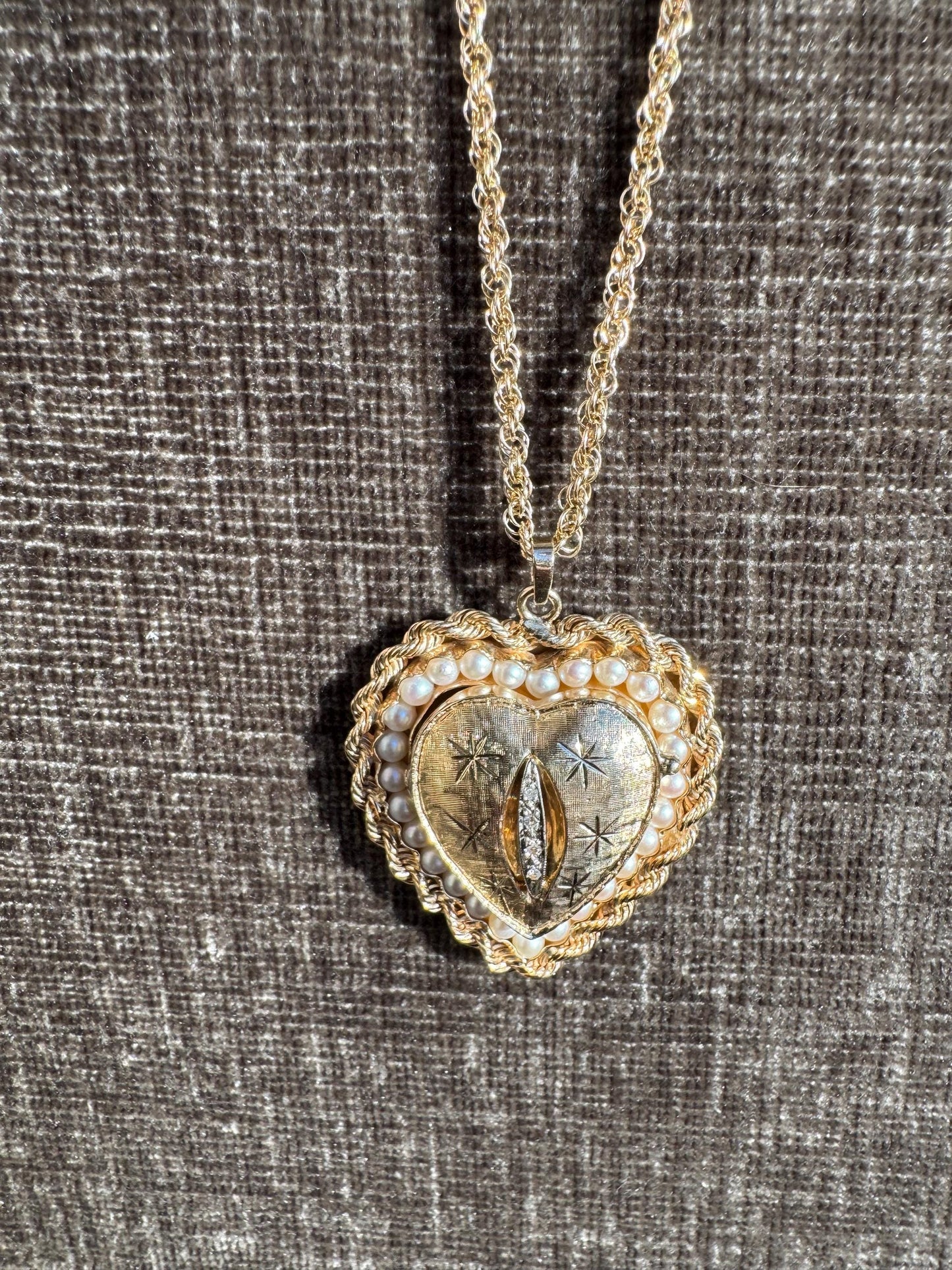 Vintage 14K Gold Heart Locket Necklace | Diamond & Pearl Pendant