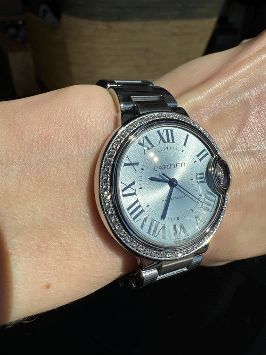 Cartier Ballon Bleu Diamond Bezel Watch | Silver Sunburst Dial, Stainless Steel