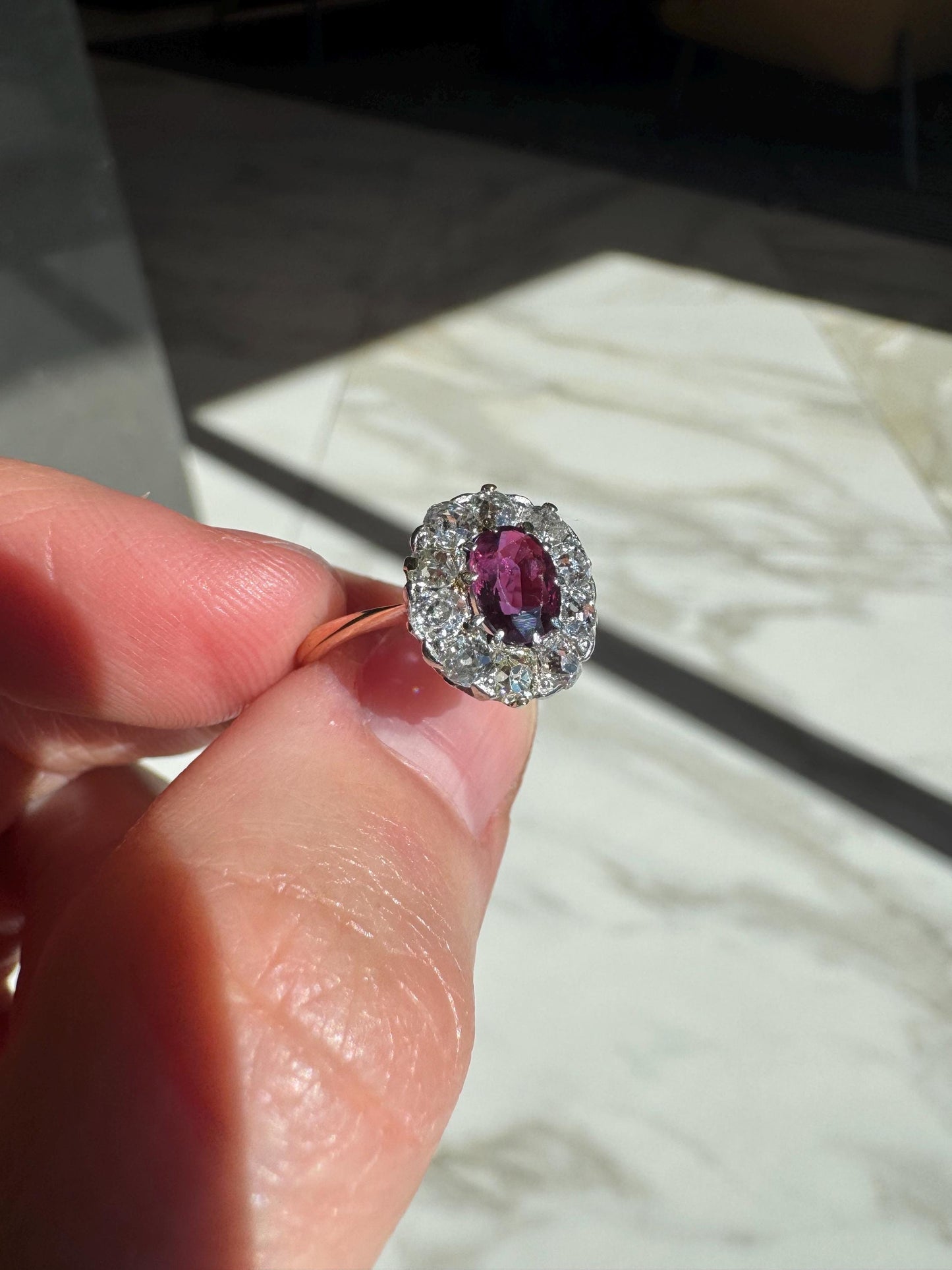 Antique Ruby Halo Ring | Old Mine Cut Diamond Cluster | 14K Yellow Gold