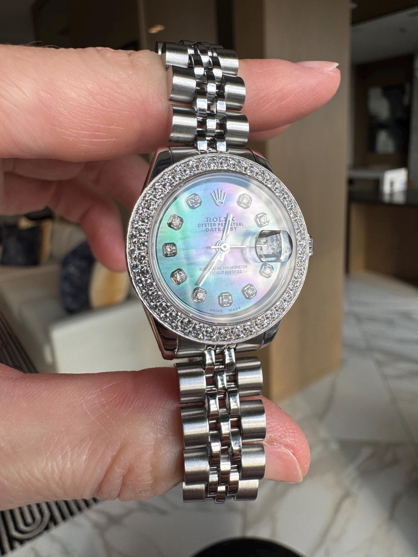 Vintage Rolex Datejust Diamond Mother of Pearl Watch | Custom Diamond Bezel Jubilee Bracelet
