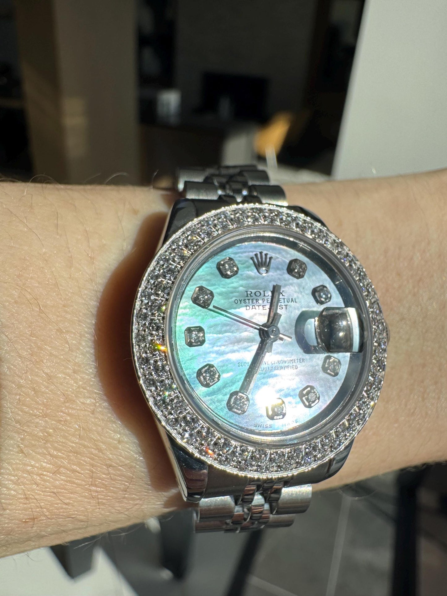 Vintage Rolex Datejust Diamond Mother of Pearl Watch | Custom Diamond Bezel Jubilee Bracelet