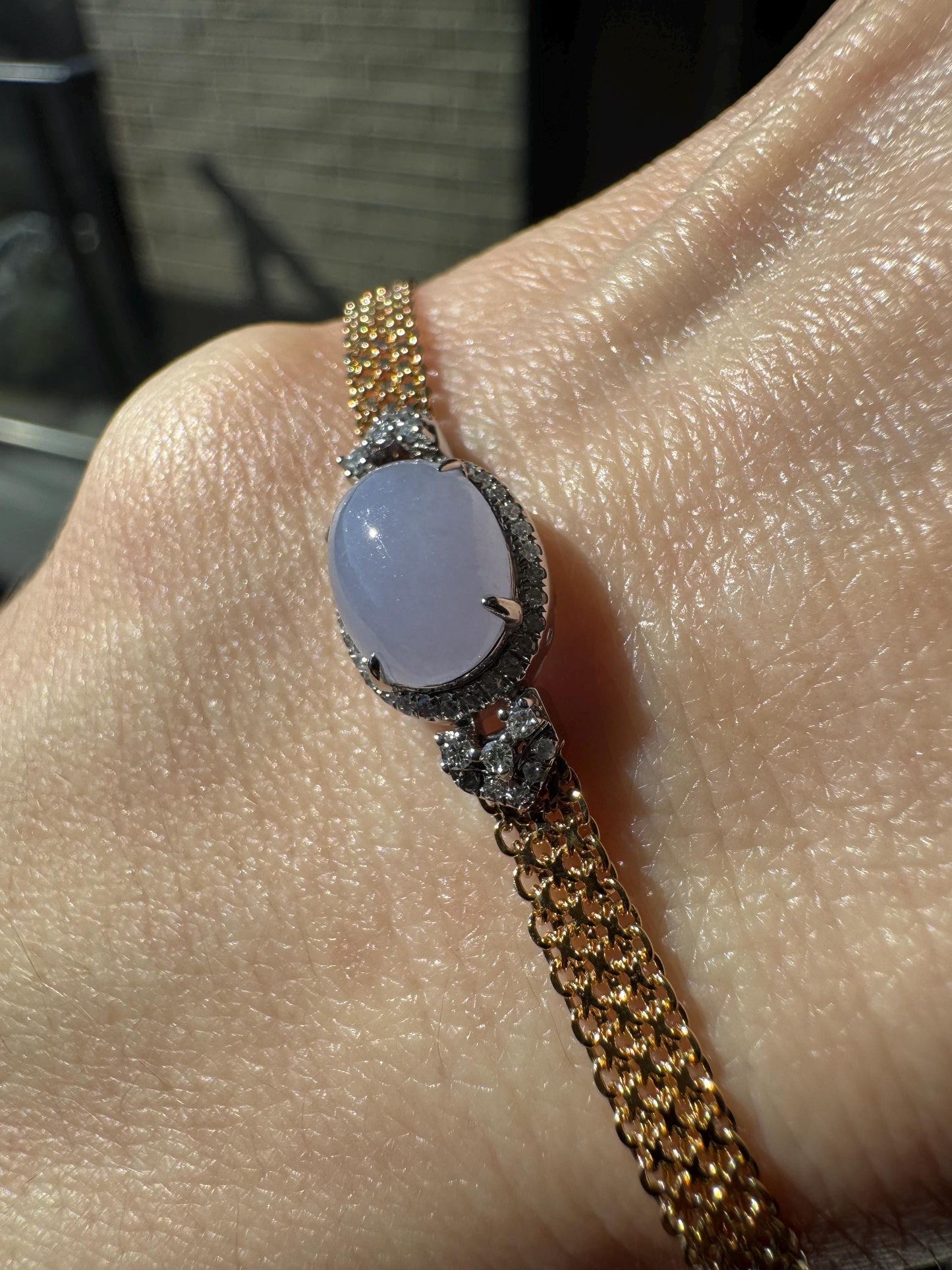 18k Yellow Gold Natural Untreated Lavender Jade & Diamond Bracelet