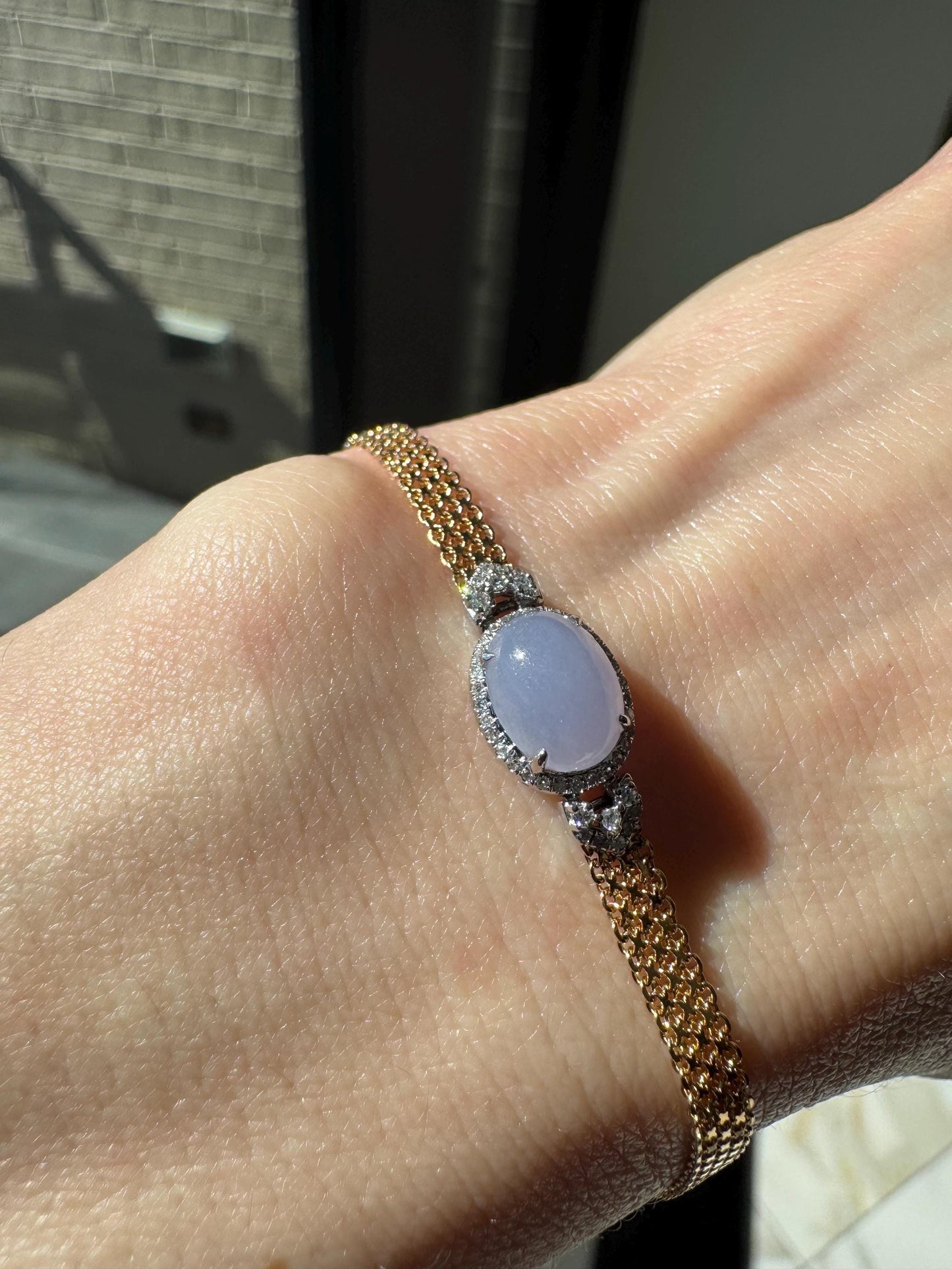 18k Yellow Gold Natural Untreated Lavender Jade & Diamond Bracelet