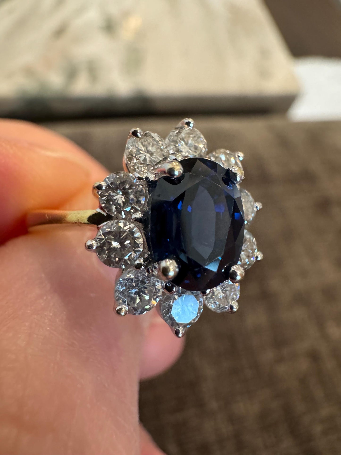 Vintage 18k Gold Two Toned Natural Blue Sapphire & Diamond Halo Princess Ring