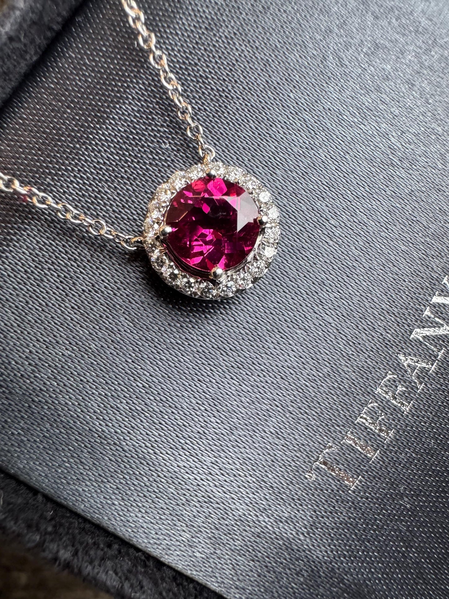 Authentic Retired Tiffany & Co. Soleste Rubellte and Diamond Platinum Pendant