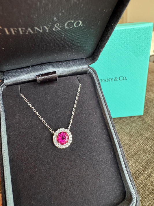 Authentic Retired Tiffany & Co. Soleste Rubellte and Diamond Platinum Pendant
