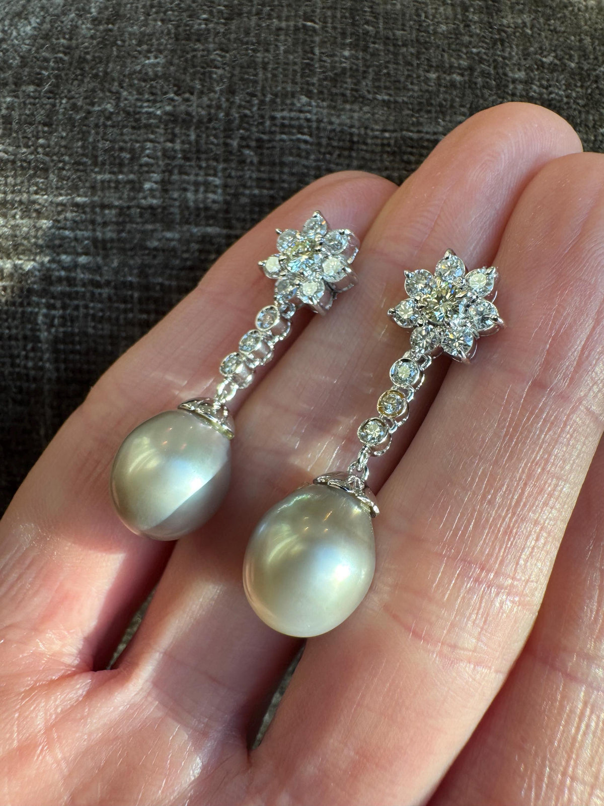 Vintage Tahitian Pearl Diamond Drop Earrings, 18k White Gold Floral Cluster Estate Jewelry