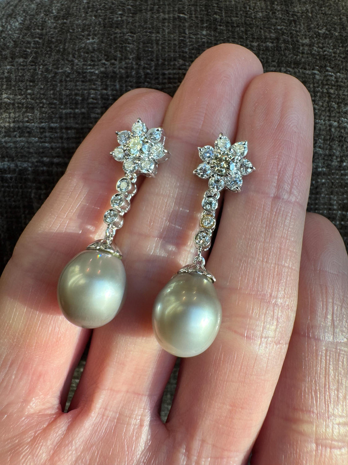 Vintage Tahitian Pearl Diamond Drop Earrings, 18k White Gold Floral Cluster Estate Jewelry