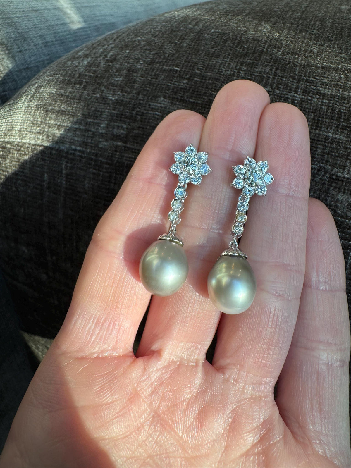 Vintage Tahitian Pearl Diamond Drop Earrings, 18k White Gold Floral Cluster Estate Jewelry