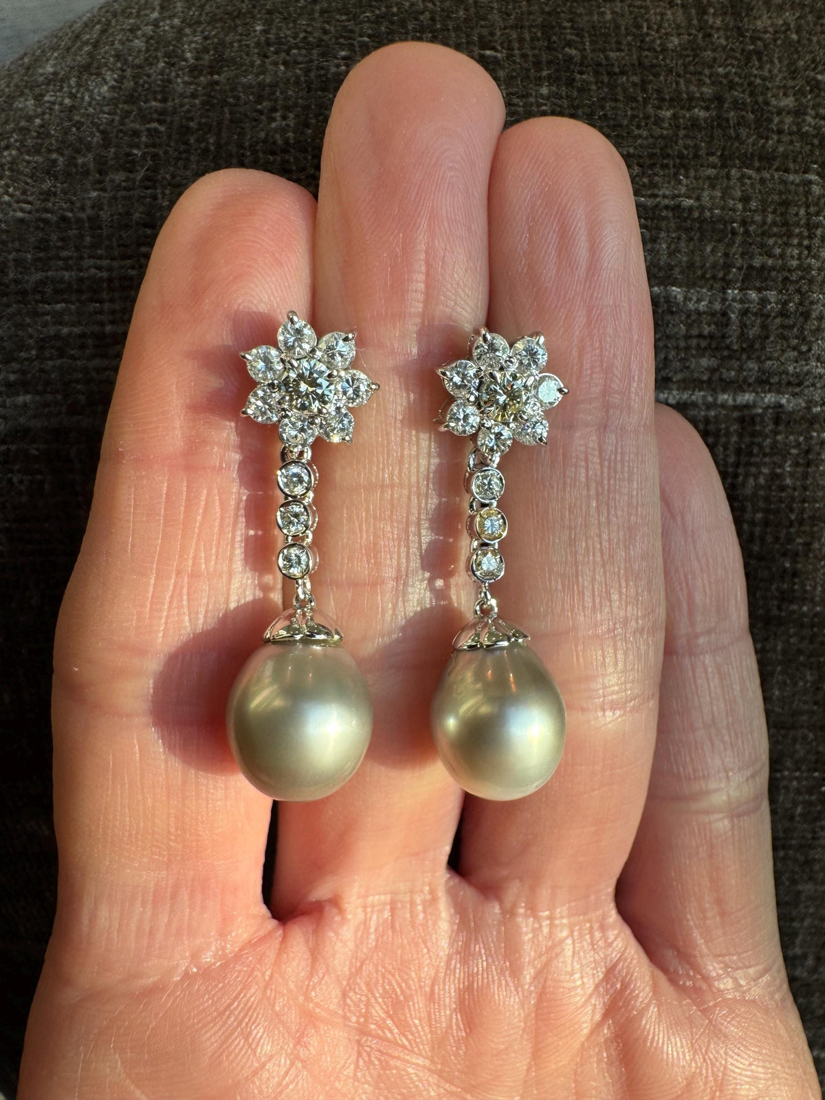 Vintage Tahitian Pearl Diamond Drop Earrings, 18k White Gold Floral Cluster Estate Jewelry