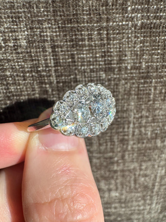 Vintage 14k Solid White Gold & Natual Diamond Cluster Ring