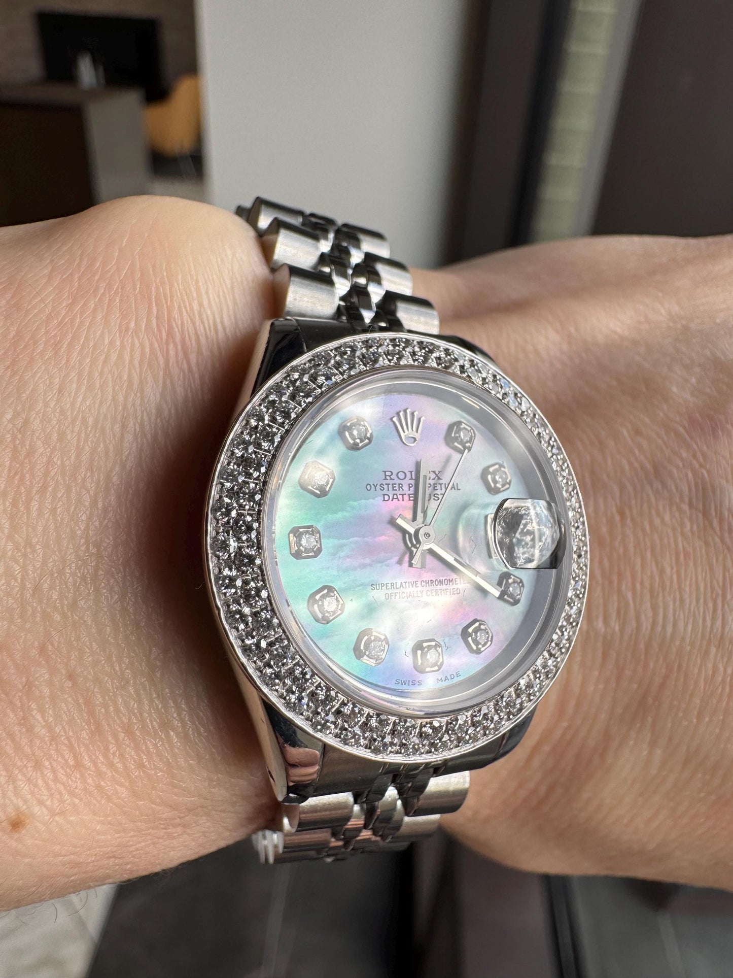 Vintage Rolex Datejust Diamond Mother of Pearl Watch | Custom Diamond Bezel Jubilee Bracelet