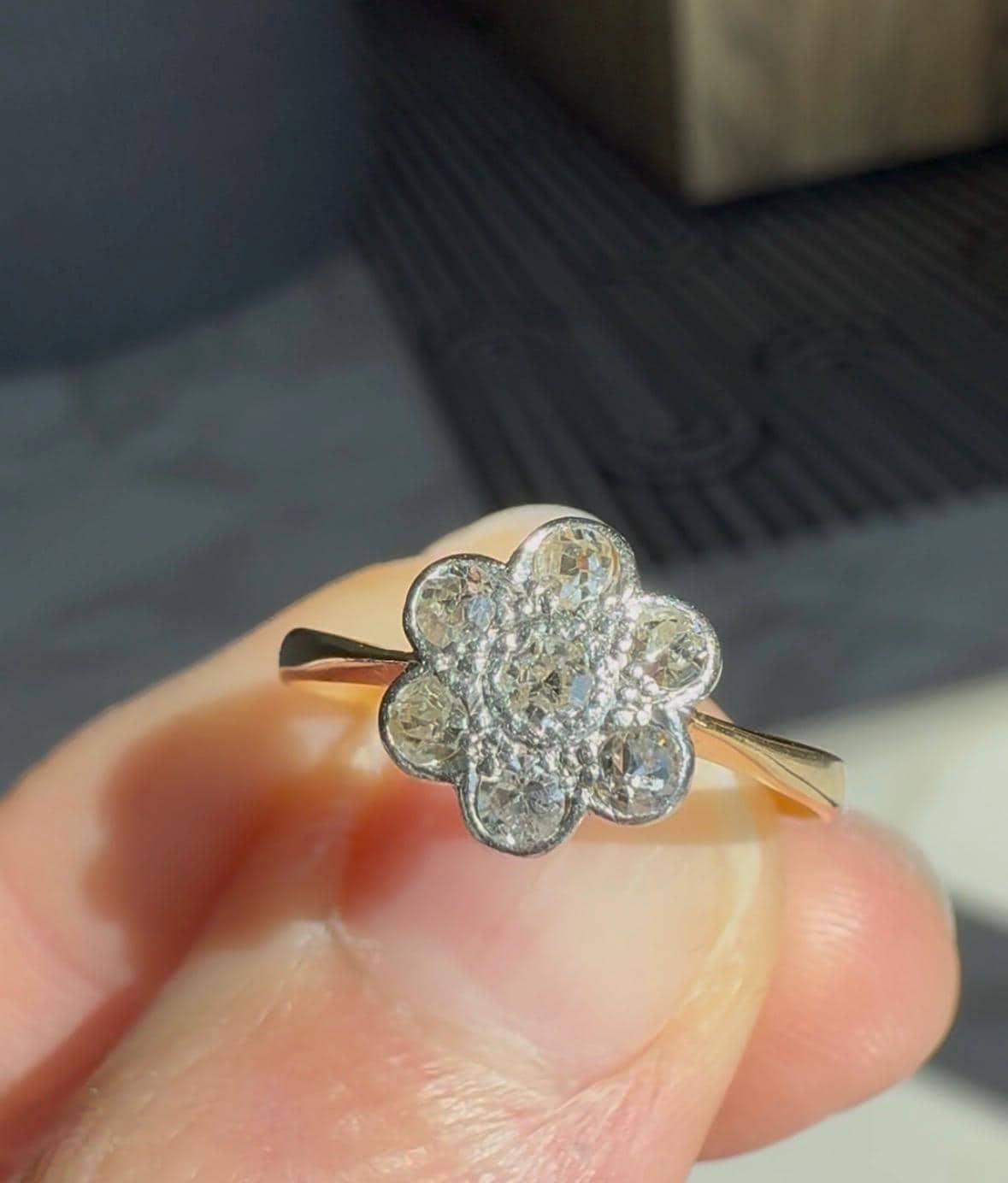 Antique Edwardian Solid 18k Gold Old Mine Cut Diamond Flower Ring Circa 1900