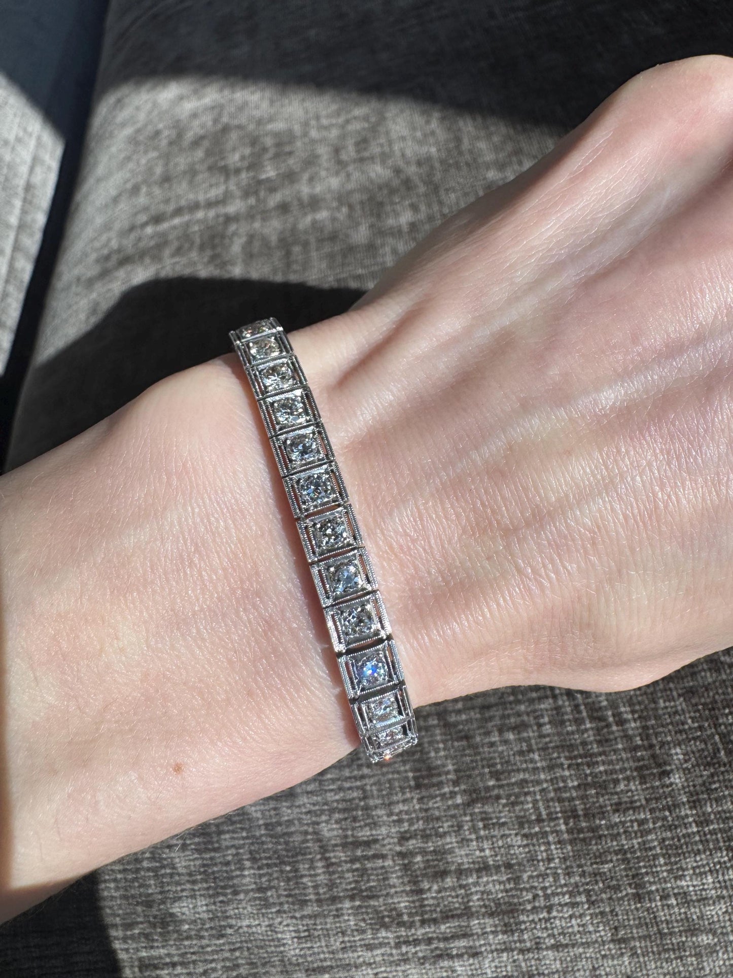 Art Deco Platinum Diamond Line Bracelet 6.60 CTW | Vintage Estate G VS1 Milgrain Edging
