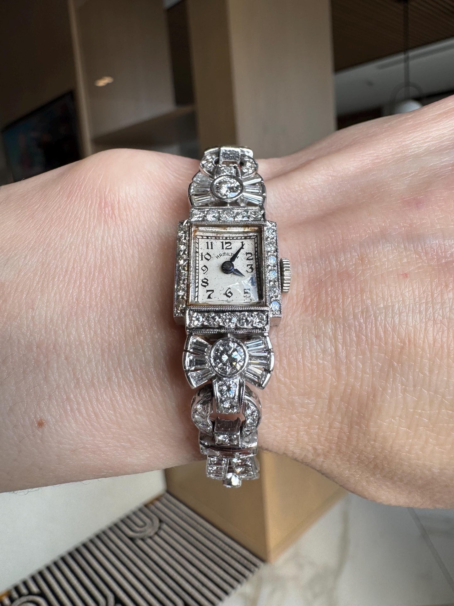 Vintage Platinum 5ctw Diamond Ladies Wristwatch, Art Deco Hamilton
