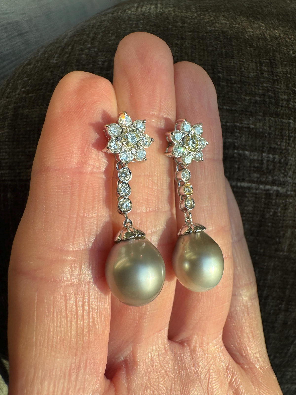 Vintage Tahitian Pearl Diamond Drop Earrings, 18k White Gold Floral Cluster Estate Jewelry