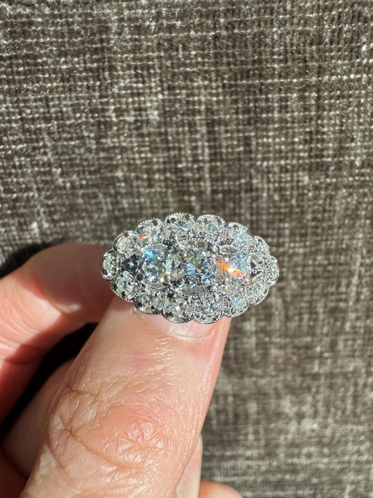 Vintage 14k Solid White Gold & Natual Diamond Cluster Ring