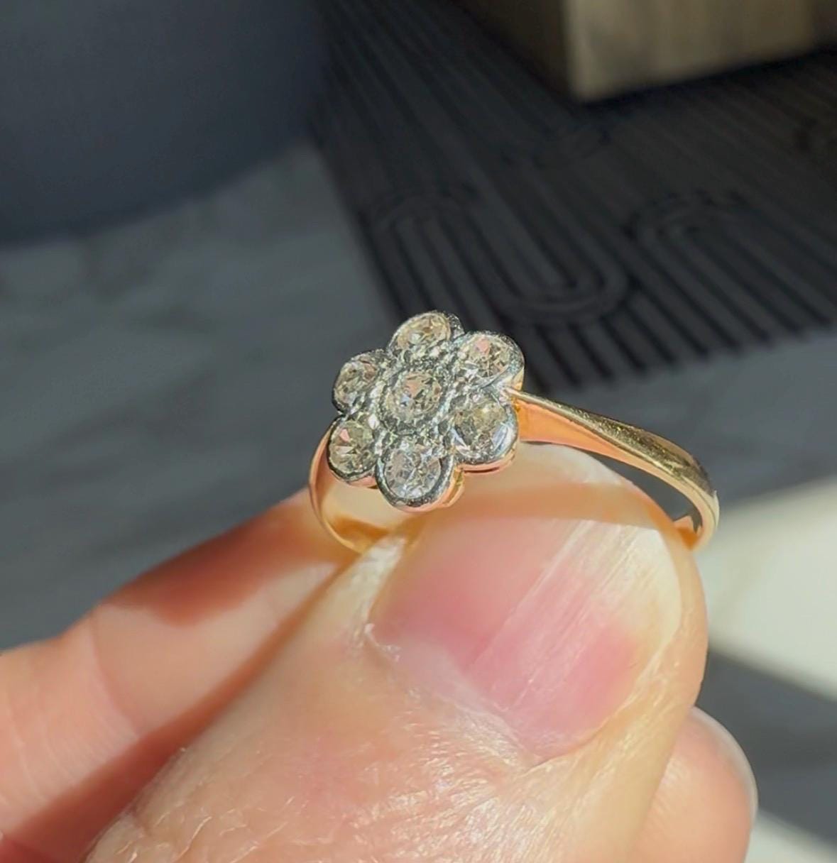 Antique Edwardian Solid 18k Gold Old Mine Cut Diamond Flower Ring Circa 1900