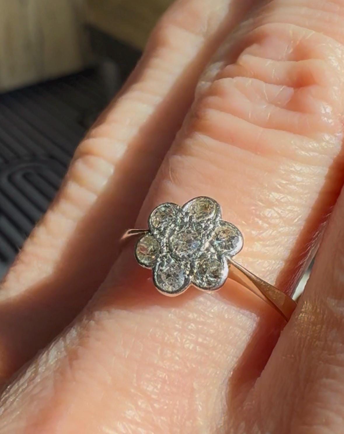 Antique Edwardian Solid 18k Gold Old Mine Cut Diamond Flower Ring Circa 1900
